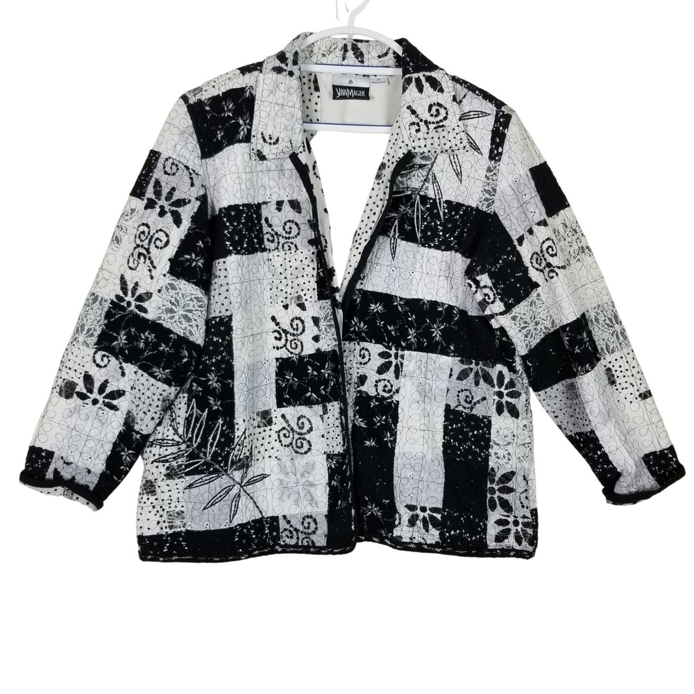 Yak Magik Jacket Women 2X Black White Quilted Patchwork Floral Embroidered Boho